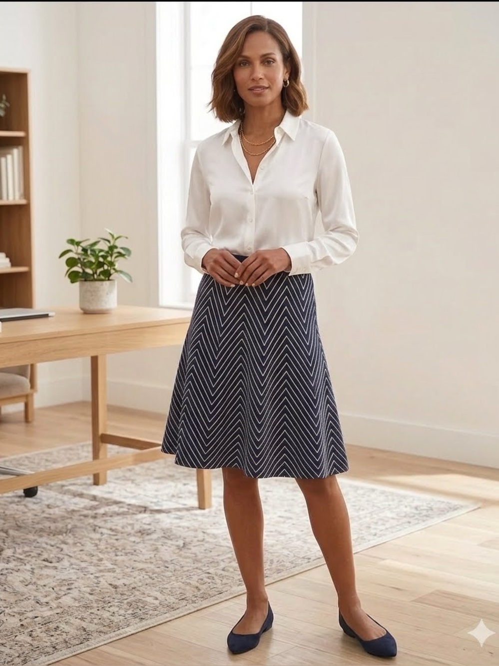 Carmen Marc Valvo Navy and White Chevron A-Line Skirt